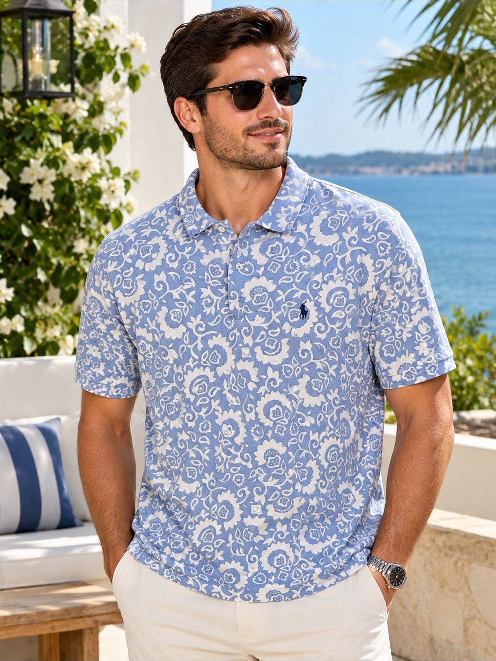 Ralph Lauren Light Blue and White Floral Polo